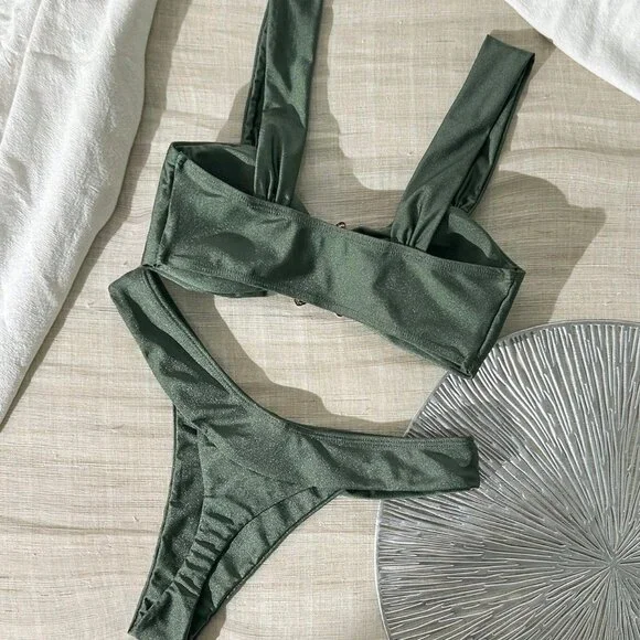 Army Green Sexy Women's -D Metal Decor Spaghetti Strap Vacation Suit Set